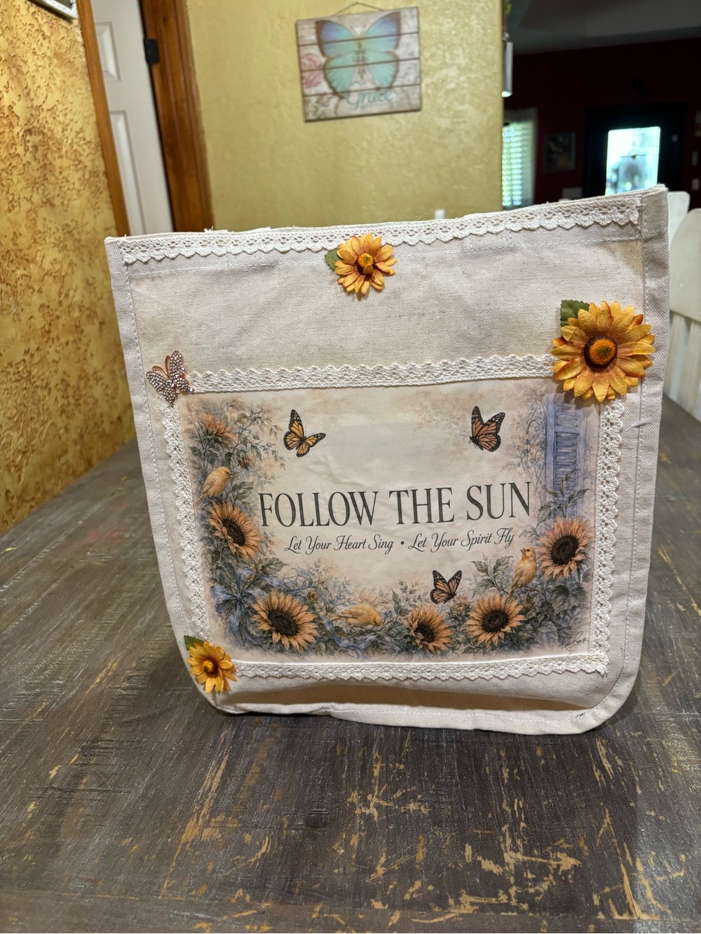 Follow The Sun Wall Decor Sign - Sunflower & Butterfly - White/Cream